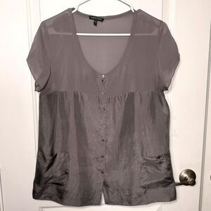 Eileen Fisher Silk Button Front Blouse Mixed Media Gray Short Sleeve Top Size M